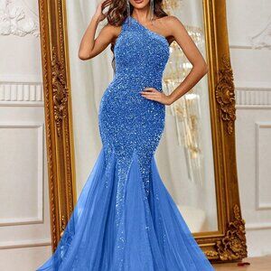 Blue Women's One Shoulder Mermaid Hem Sequin Formal Prom Evening Gown